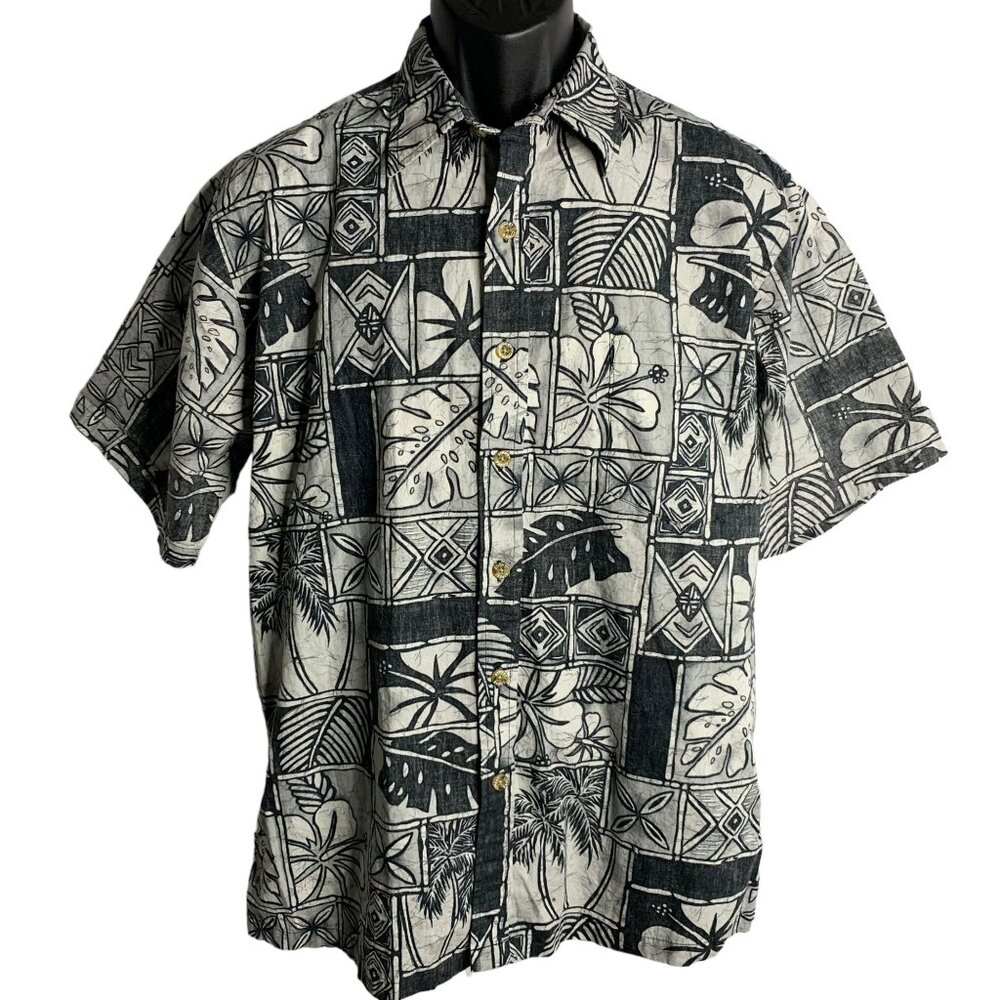 Cooke Street Reverse Print Hawaiian Shirt M Grey Floral Camp Short Sleeve Pocket